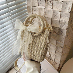 Straw Portable Bucket Bag Beach Bag With Scarf Decor