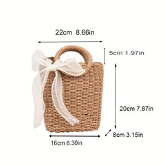 Straw Portable Bucket Bag Beach Bag With Scarf Decor
