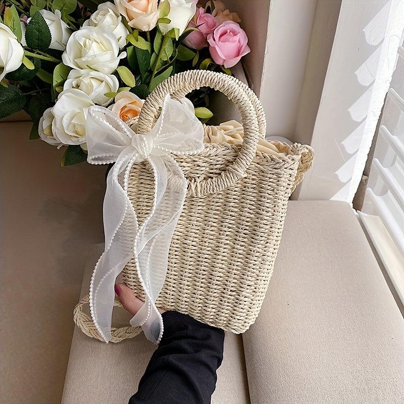 Straw Portable Bucket Bag Beach Bag With Scarf Decor
