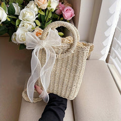 Straw Portable Bucket Bag Beach Bag With Scarf Decor