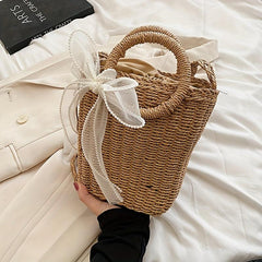 Straw Portable Bucket Bag Beach Bag With Scarf Decor