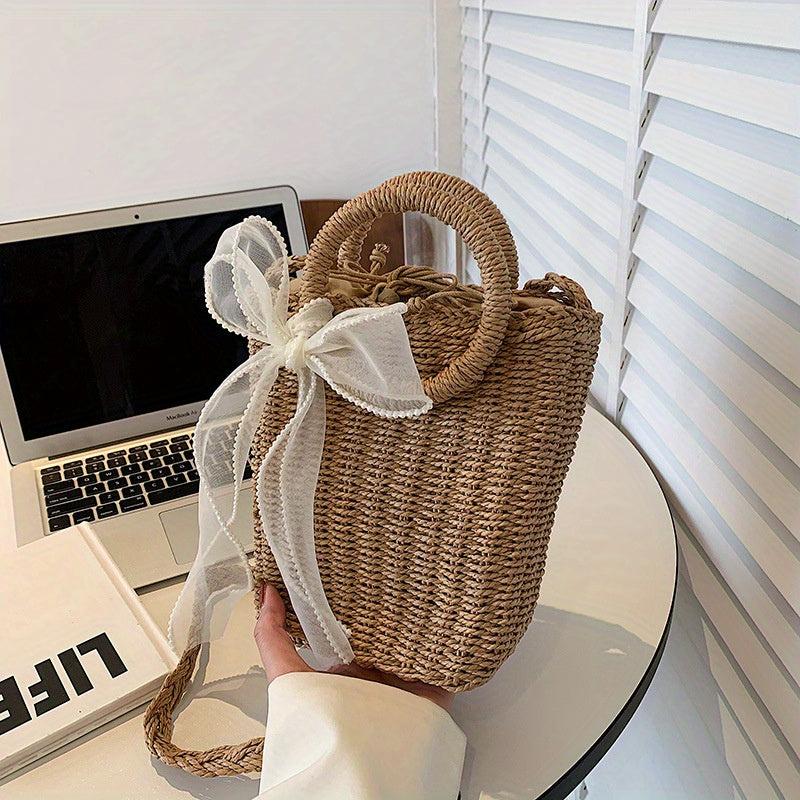 Straw Portable Bucket Bag Beach Bag With Scarf Decor
