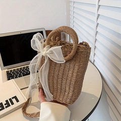 Straw Portable Bucket Bag Beach Bag With Scarf Decor