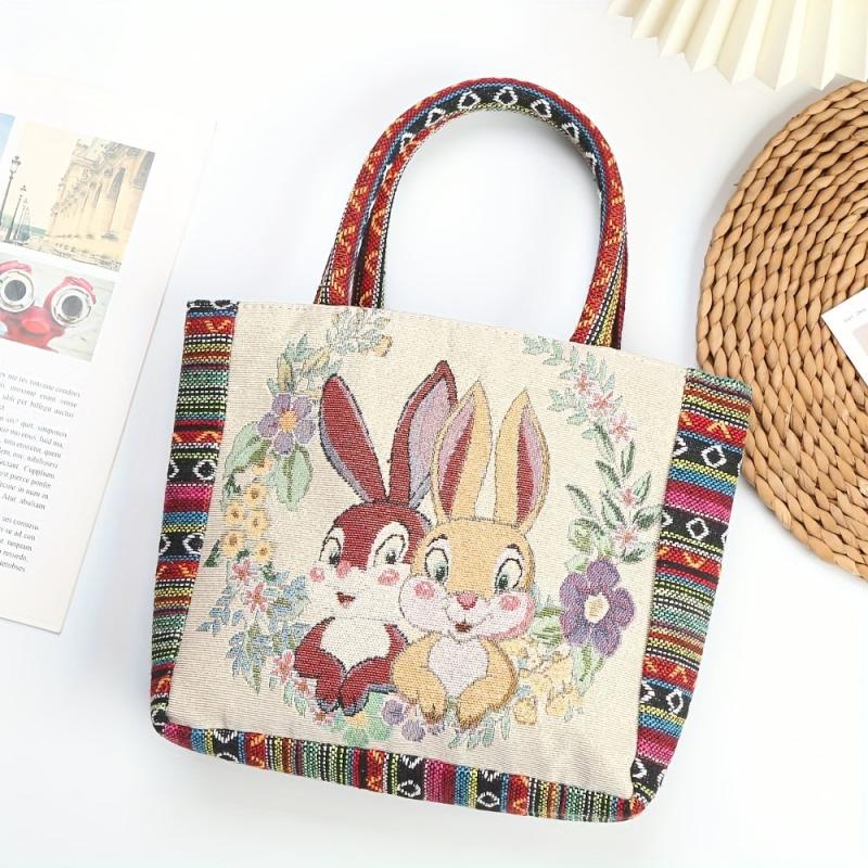Boho Bunny Pattern Bag Vintage Embroidery Satchel Women's Handbag