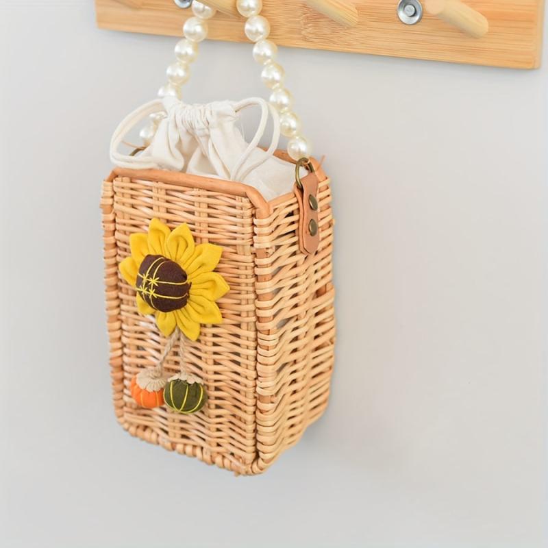 Woven Flower Decor Satchel Bag Straw Drawstring Bead Strap Bag