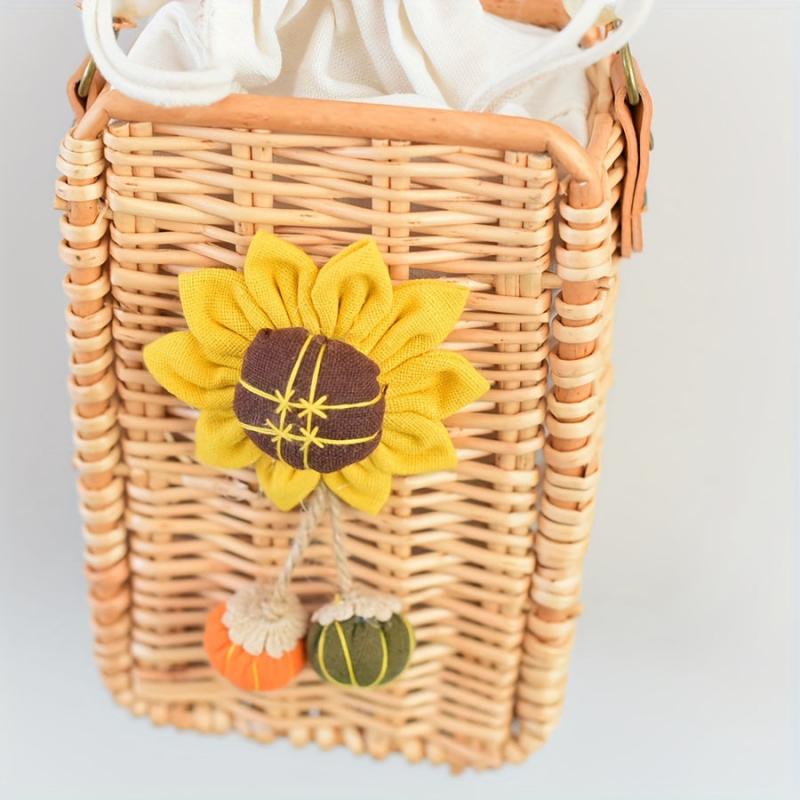 Woven Flower Decor Satchel Bag Straw Drawstring Bead Strap Bag