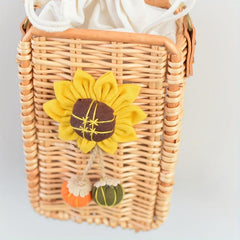 Woven Flower Decor Satchel Bag Straw Drawstring Bead Strap Bag