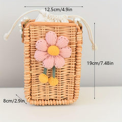 Woven Flower Decor Satchel Bag Straw Drawstring Bead Strap Bag
