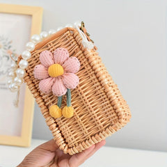 Woven Flower Decor Satchel Bag Straw Drawstring Bead Strap Bag