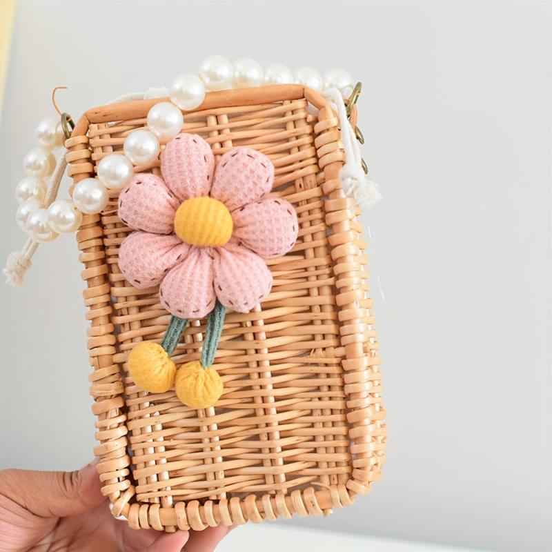 Woven Flower Decor Satchel Bag Straw Drawstring Bead Strap Bag