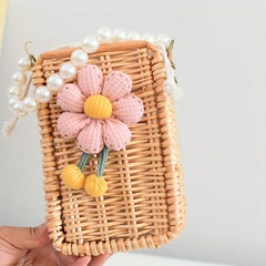Woven Flower Decor Satchel Bag Straw Drawstring Bead Strap Bag