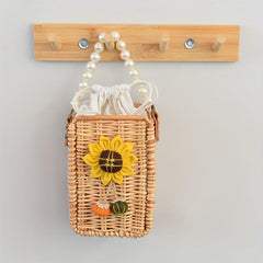Woven Flower Decor Satchel Bag Straw Drawstring Bead Strap Bag