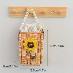 Woven Flower Decor Satchel Bag Straw Drawstring Bead Strap Bag