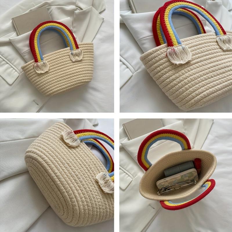 Rainbow Handle Tote Bag Small Tassel Basket For Picnic Work
