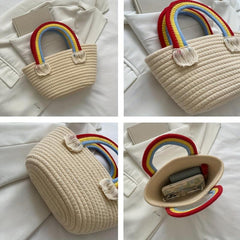 Rainbow Handle Tote Bag Small Tassel Basket For Picnic Work
