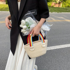 Rainbow Handle Tote Bag Small Tassel Basket For Picnic Work