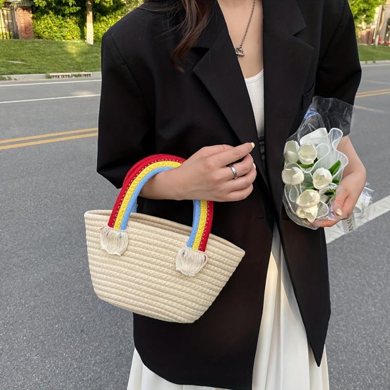 Rainbow Handle Tote Bag Small Tassel Basket For Picnic Work