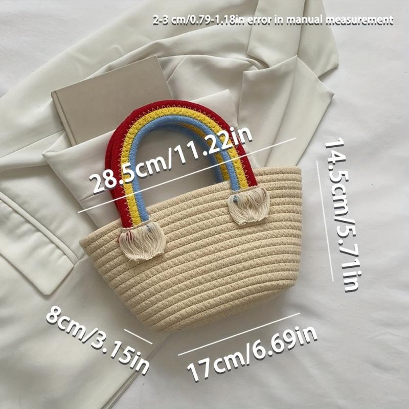 Rainbow Handle Tote Bag Small Tassel Basket For Picnic Work