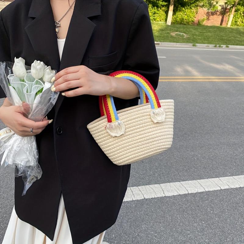 Rainbow Handle Tote Bag Small Tassel Basket For Picnic Work