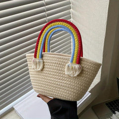 Rainbow Handle Tote Bag Small Tassel Basket For Picnic Work