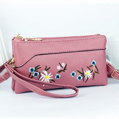 Flowers Embroidered Zipper Shoulder Bag Classic Purse