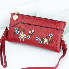 Flowers Embroidered Zipper Shoulder Bag Classic Purse