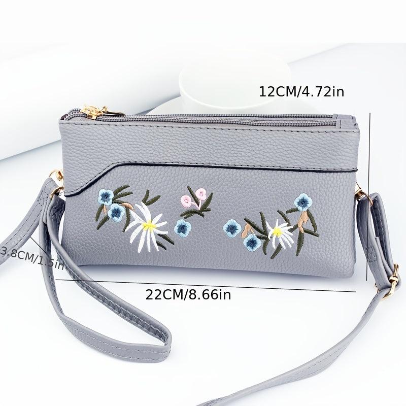 Flowers Embroidered Zipper Shoulder Bag Classic Purse