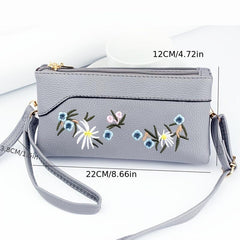 Flowers Embroidered Zipper Shoulder Bag Classic Purse