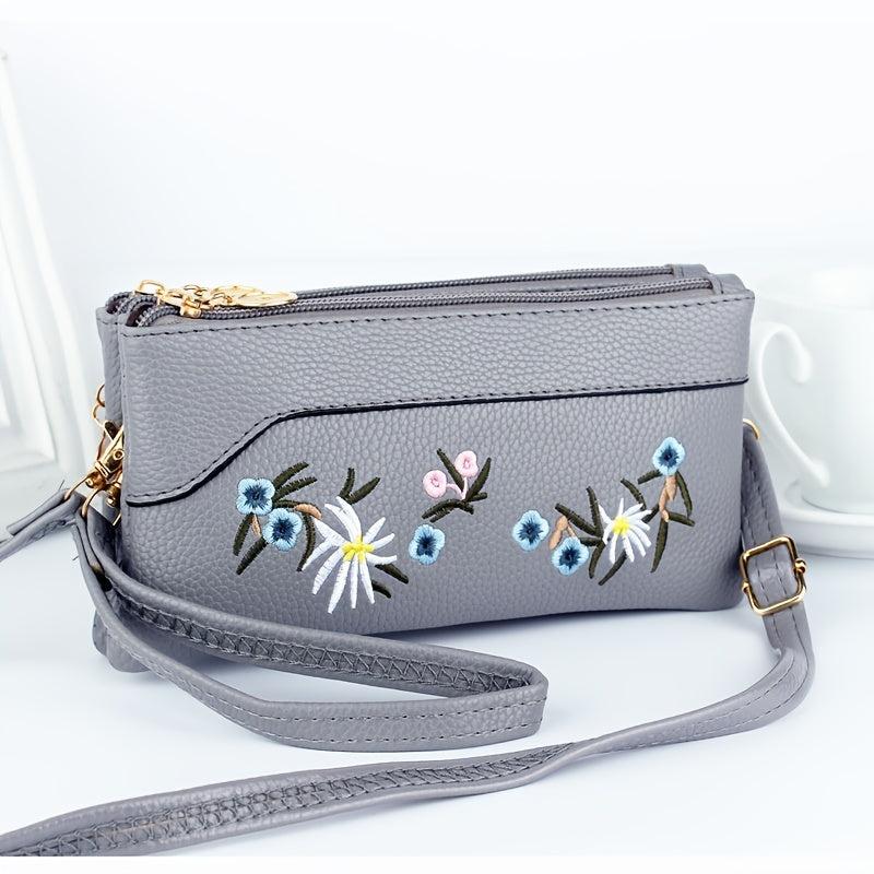 Flowers Embroidered Zipper Shoulder Bag Classic Purse