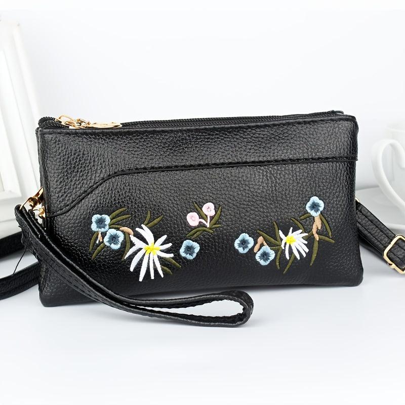 Flowers Embroidered Zipper Shoulder Bag Classic Purse
