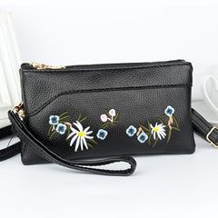 Flowers Embroidered Zipper Shoulder Bag Classic Purse