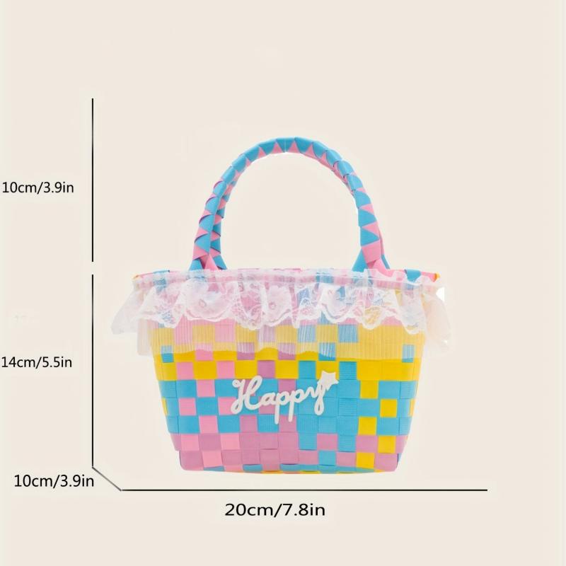 Top Handle Braided Bucket Bag, Beach Basket Handbag