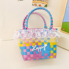 Top Handle Braided Bucket Bag, Beach Basket Handbag