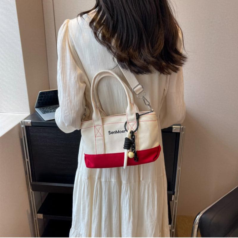 Colorblock Square Crossbody Bag with Embroidery and Pendant