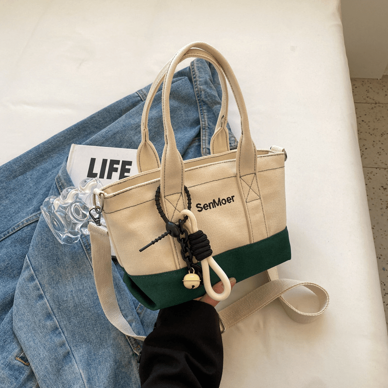 Colorblock Square Crossbody Bag with Embroidery and Pendant