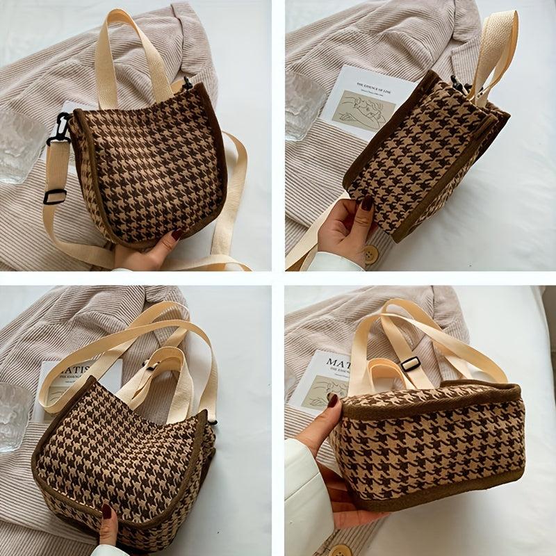 Houndstooth Canvas Crossbody Bag Satchel Purse For Women