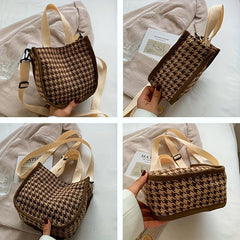 Houndstooth Canvas Crossbody Bag Satchel Purse For Women