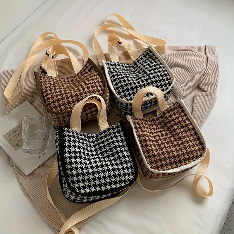 Houndstooth Canvas Crossbody Bag Satchel Purse For Women