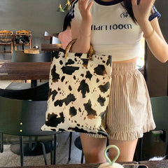 Cow Print Handbag Women Vintage Vegan Leather Large Capacity Shopping Bag