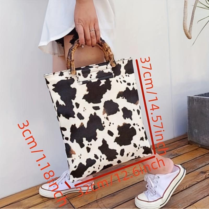 Cow Print Handbag Women Vintage Vegan Leather Large Capacity Shopping Bag