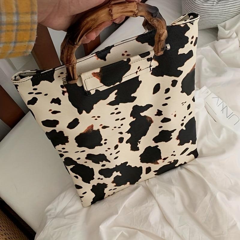 Cow Print Handbag Women Vintage Vegan Leather Large Capacity Shopping Bag
