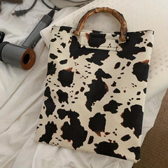 Cow Print Handbag Women Vintage Vegan Leather Large Capacity Shopping Bag