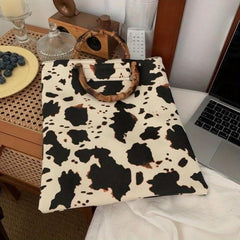 Cow Print Handbag Women Vintage Vegan Leather Large Capacity Shopping Bag