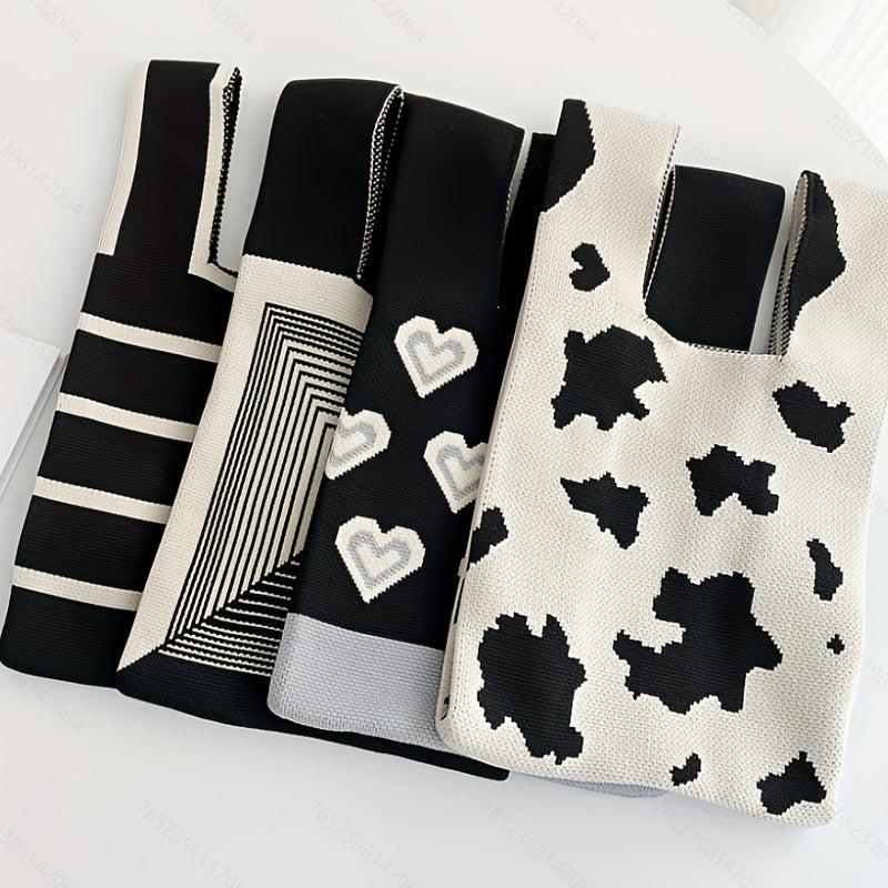 Colorblock Knitted Woolen Hobo Bag Geometric Pattern Tote