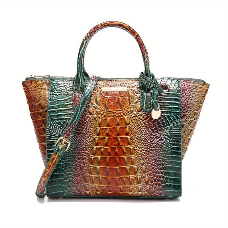 Crocodile Embossed Tote Bag Ombre Handbag Women's Leather Satchel Purse