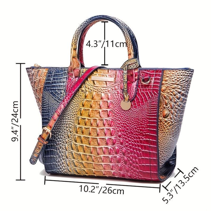 Crocodile Embossed Tote Bag Ombre Handbag Women's Leather Satchel Purse