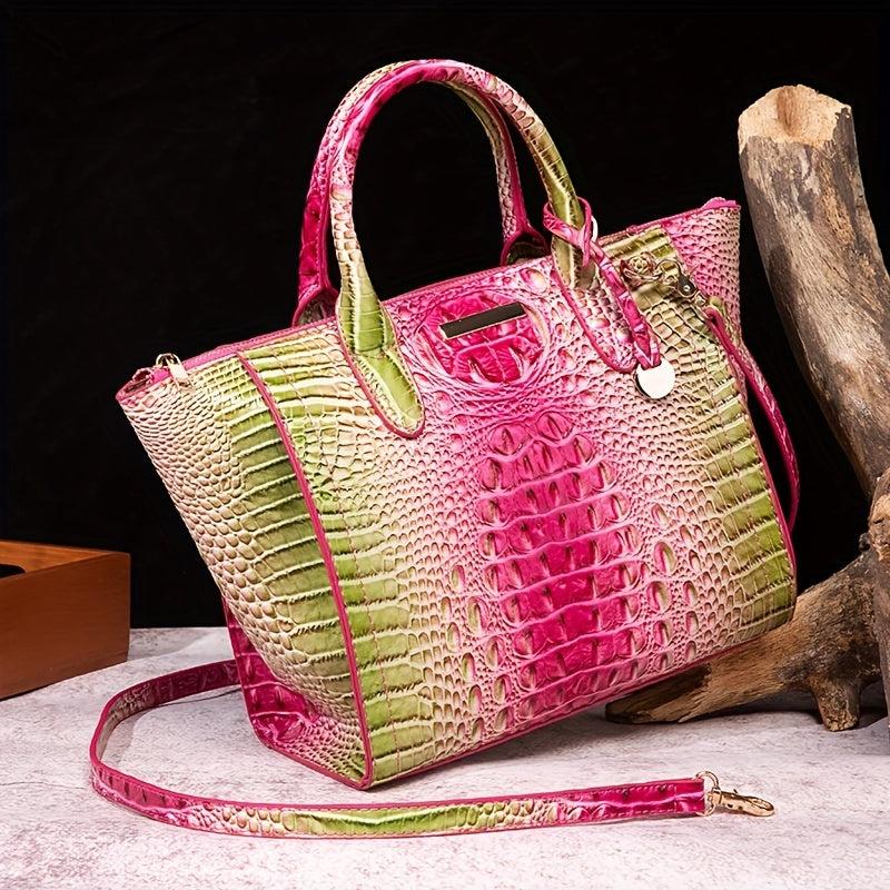 Crocodile Embossed Tote Bag Ombre Handbag Women's Leather Satchel Purse