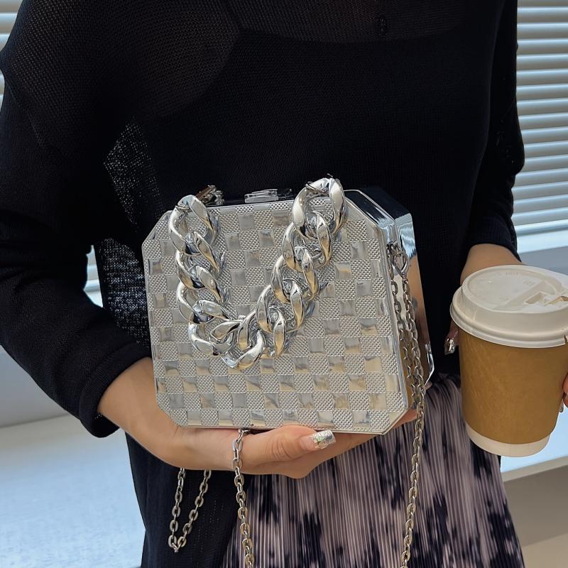Plaid Pattern Box Bag Chain Crossbody Acrylic Purse 7.5 Inch