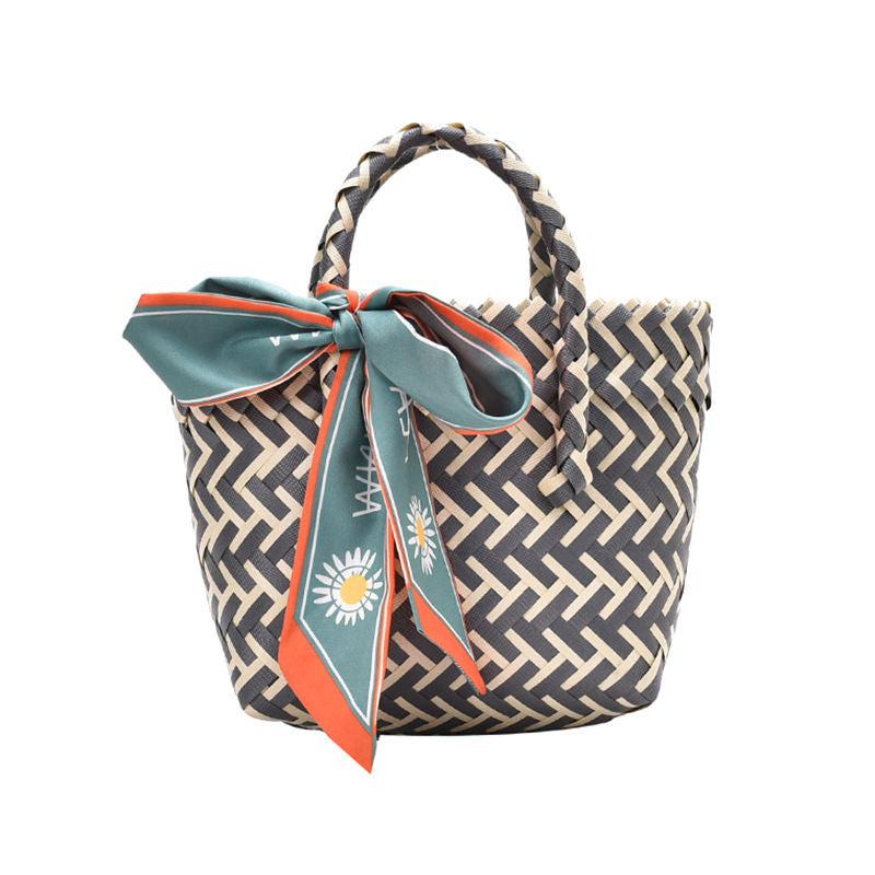 Striped Block Mini Straw Beach Bag Top Handle Handbag