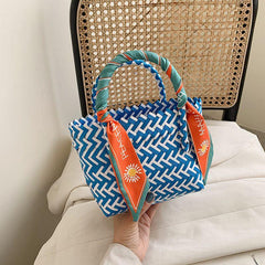 Striped Block Mini Straw Beach Bag Top Handle Handbag
